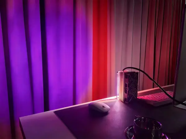 home office ambient light workspace ambient view A serene workspace illuminated by a desk ambient light for comfortable work sessions