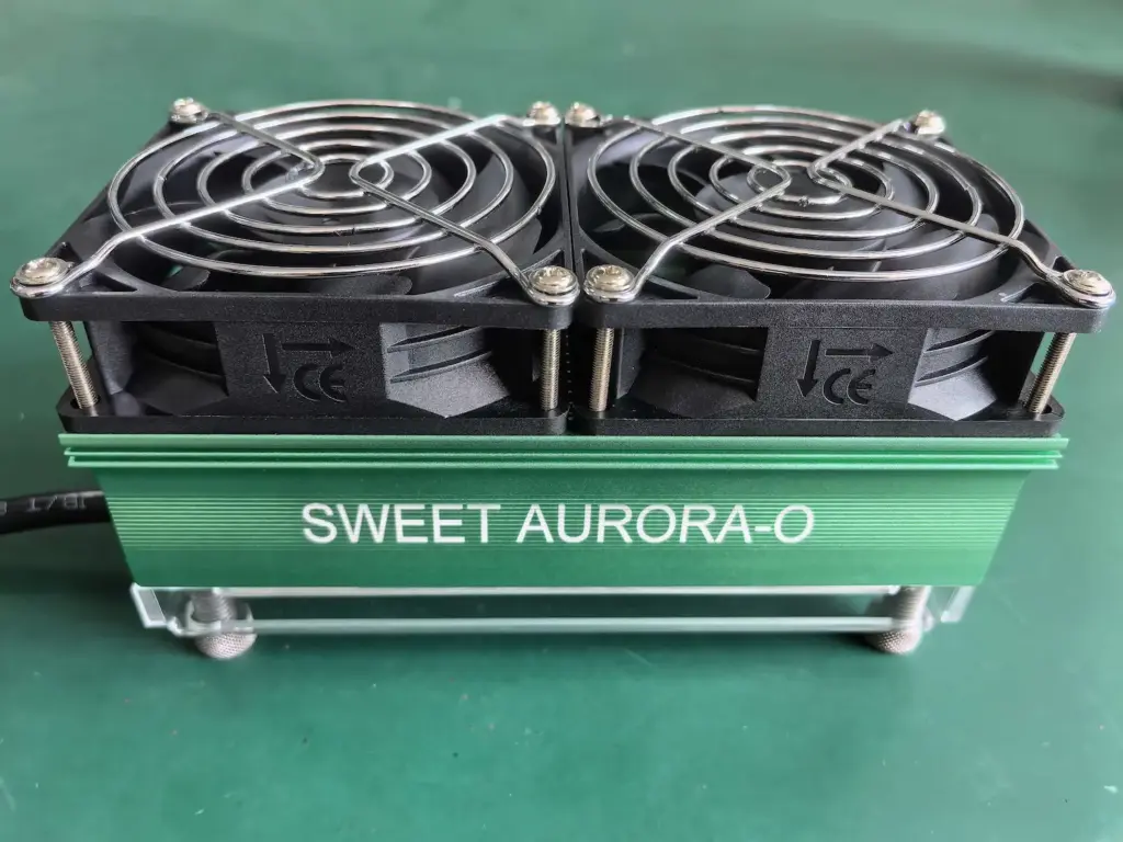 Sweet Aurora-O dual-fan Ambient Lighting fixture with black fan frame and green base, designed for atmospheric lighting scenes