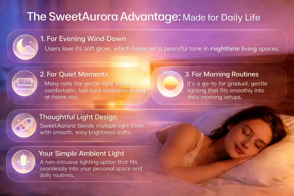 Sweet Aurora ambient light infographic: showing its use for evening wind-down, quiet moments, and morning routines.